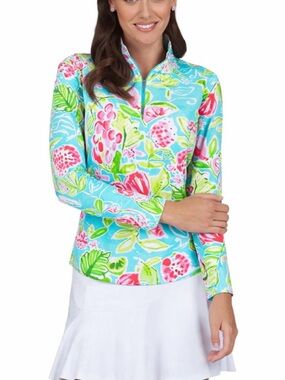 IBKÜL UPF 50+ Quarter Zip Medium Bright Tropical Print Mesh Ventilated Golf Top